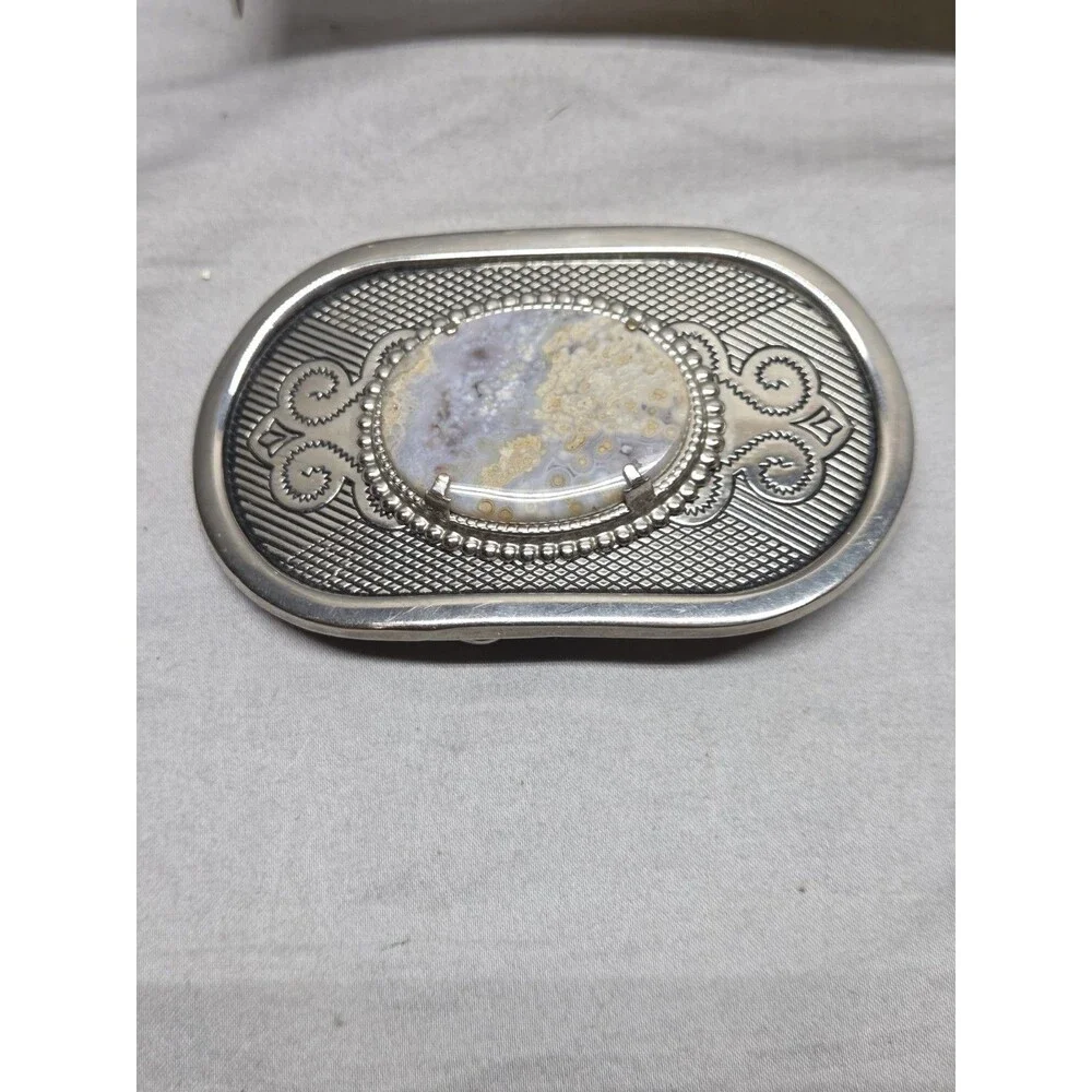 Vintage Western Silvertone Belt Buckle with Natural Orbicular Ocean Jasper